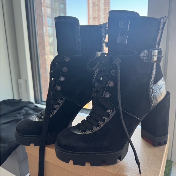 Christian Louboutin Shoes - Christian Louboutin Black Suede Lace-Up Lug Heel Ankle Boots